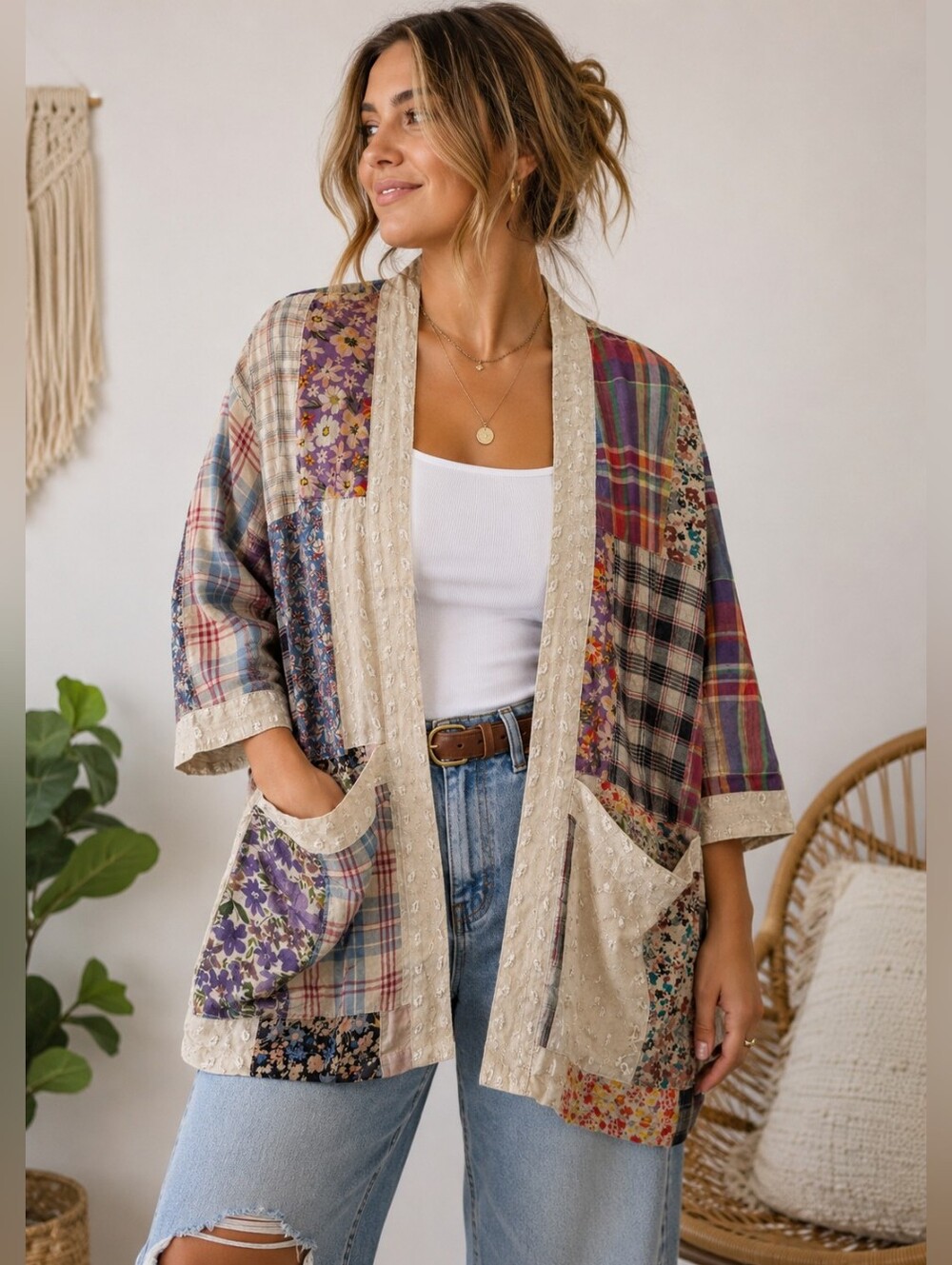 Young Threads XL Patchwork Floral Plaid Boho Kimono Jacket Duster NWT